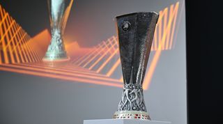 The UEFA Europa League trophy is pictured ahead of the 2022/23 UEFA Europa League knockout round play-off draw at UEFA headquarters, the House of European Football, on November 7, 2022 in Nyon, Switzerland.