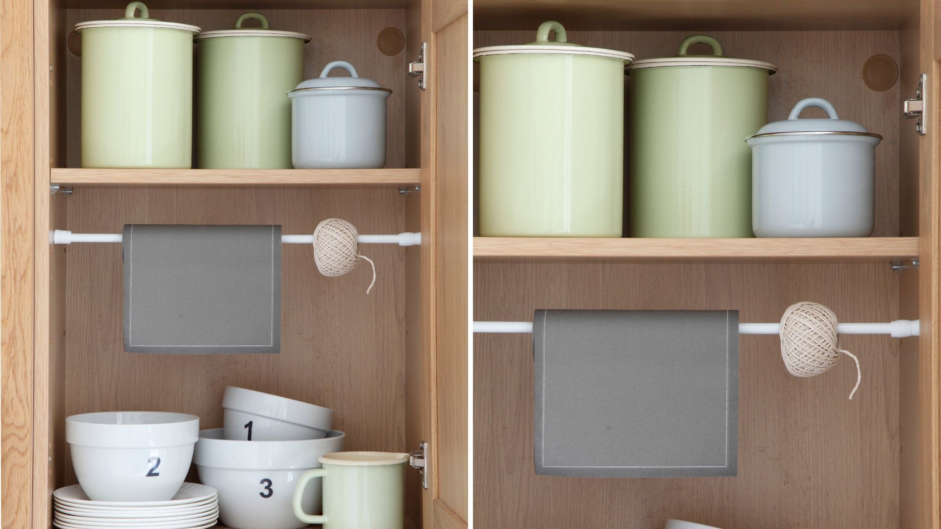 Kitchen cabinets with extendible rod to create a hanging rack within the cabinet