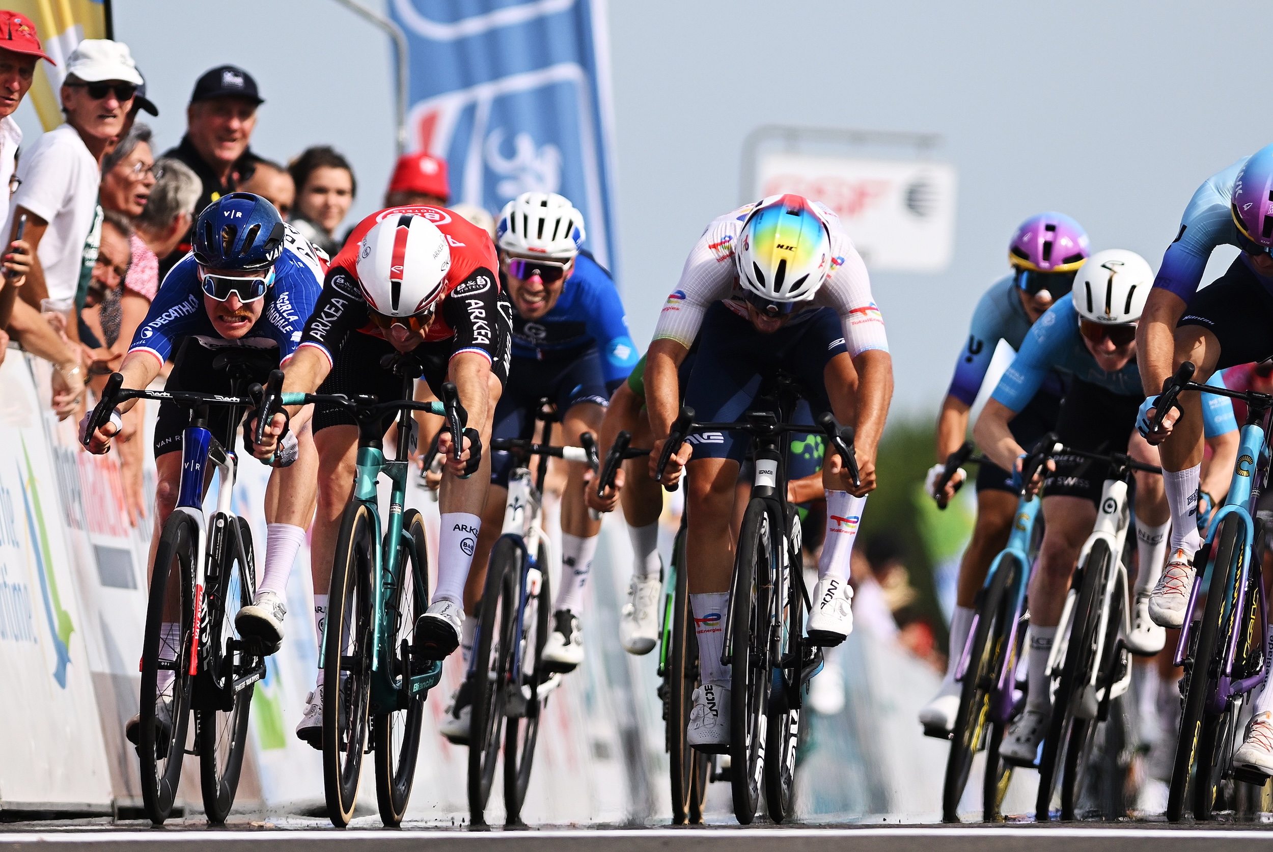 LA GENETOUZE, FRANCE - AUGUST 26: (L-R) Dorian Godon of France and Team Decathlon AG2R La Mondiale, Arnaud Demare of France and Team Arkea - B&amp;B Hotels and stage winner Jason Tesson of France and Team TotalEnergies sprint at finish line during the 39th Tour Poitou - Charentes en Nouvelle Aquitaine 2025, Stage 1 a 193.9km from Sauze-entre-Bois to La Genetouze on August 26, 2025 in La Genetouze, France. (Photo by Luc Claessen/Getty Images)