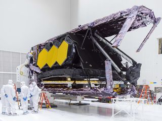 An image of the James Webb Space Telescope folded before joining its rocket in late 2021.