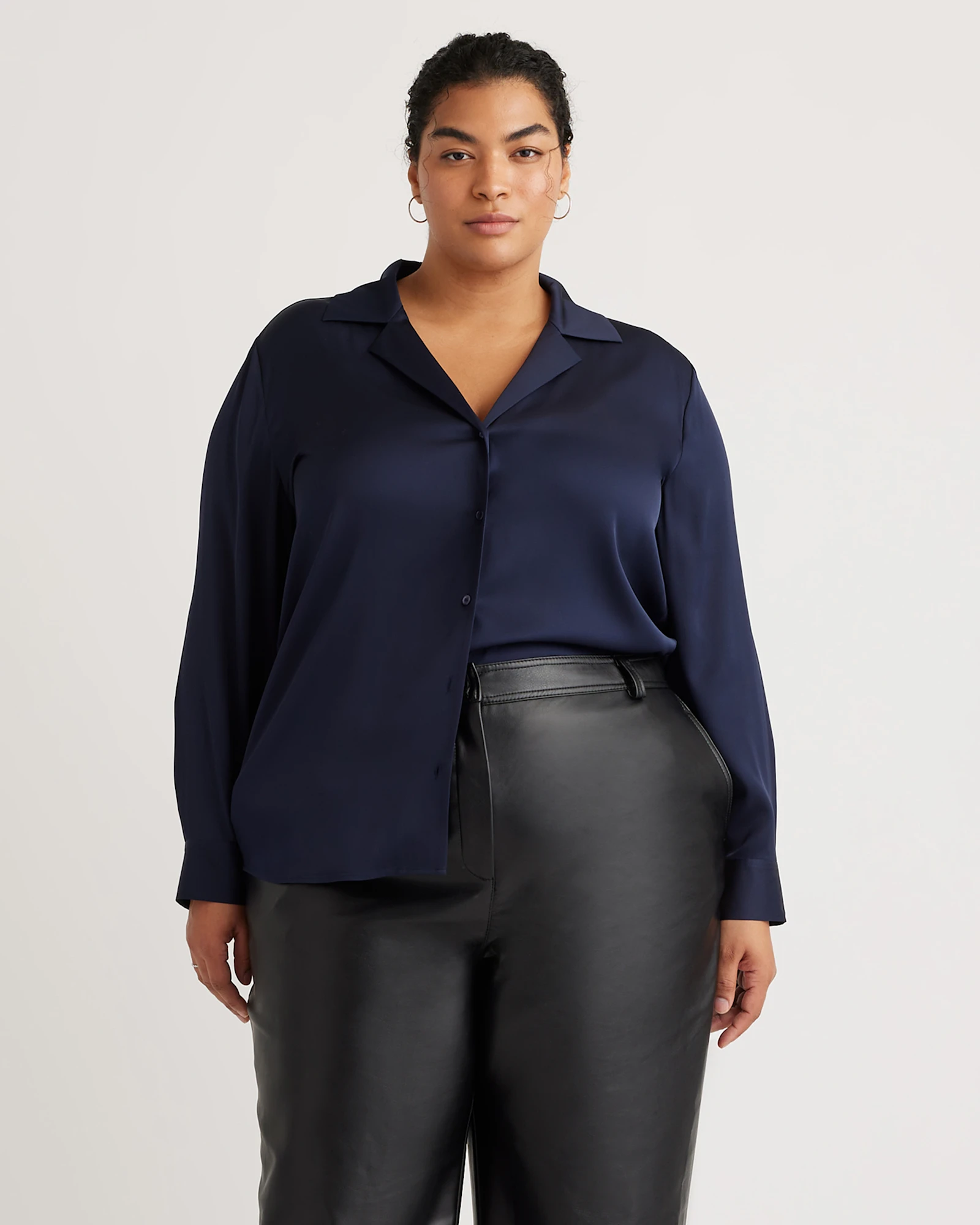 Washable Stretch Silk Notch Collar Blouse - Plus Size in Navy