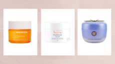Collage of three of the best moisturiser for dry skin featured in this guide from Ole Henriksen, Avene and Tatcha, set against a dusky pink watercolour background