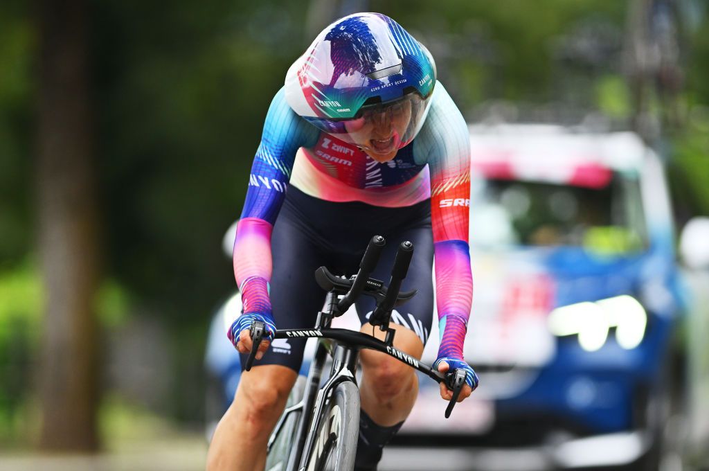 BRESCIA ITALY JULY 07 Elise Chabbey of Switzerland and Team CanyonSRAM Racing sprints during the 35th Giro dItalia Women 2024 Stage 1 a 157km individual time trial stage from Brescia to Brescia UCIWWT on July 07 2024 in Brescia Italy Photo by Luc ClaessenGetty Images