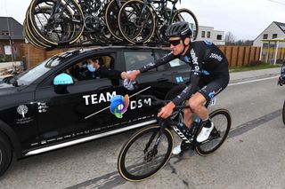 Tiesj Benoot at the Team DSM team car