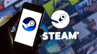 SPAIN - 2021/08/11: In this photo illustration, a Steam logo seen displayed on a smartphone and in the background.