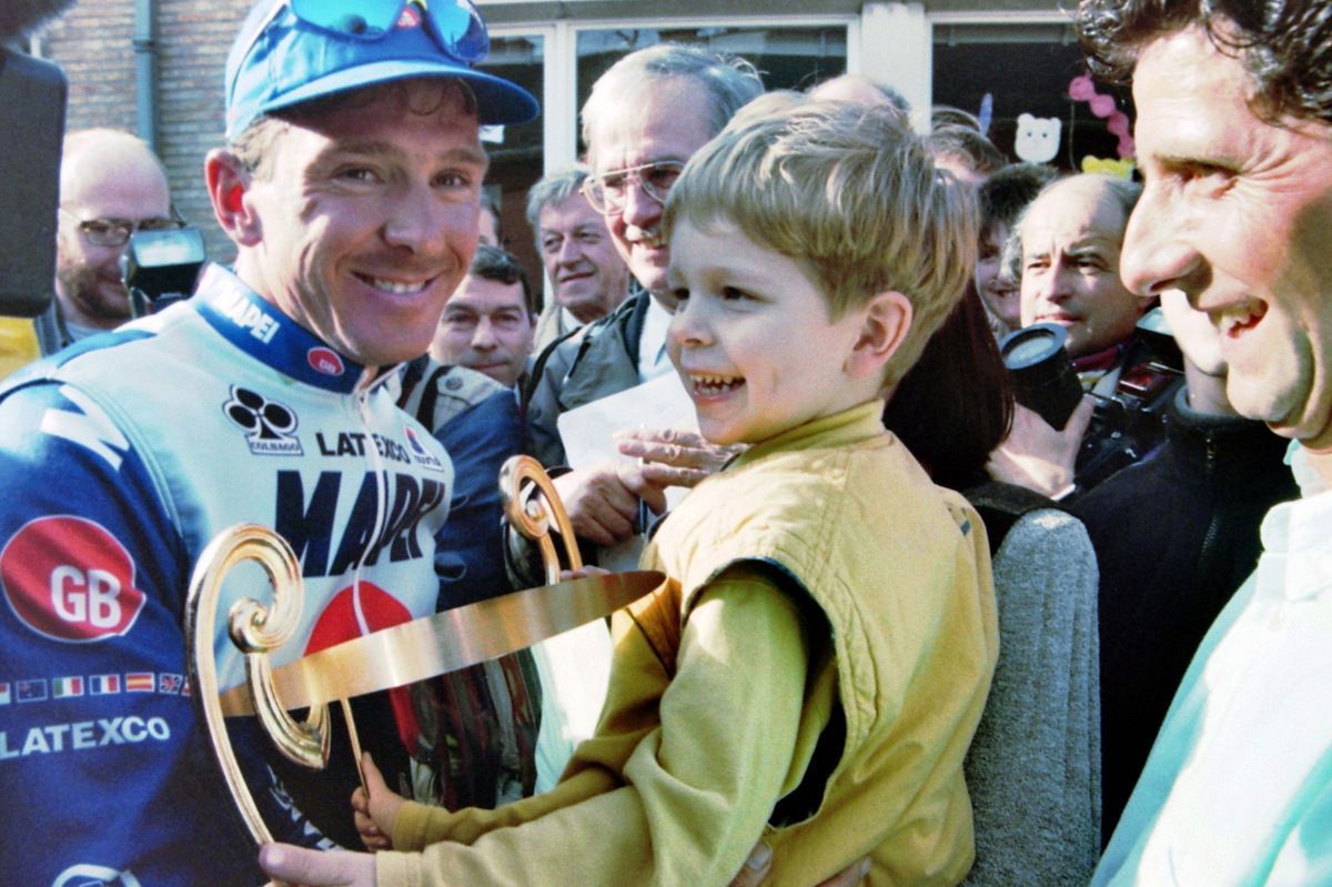 Johan Museeuw with his son after winning the 1995 Tour of Flanders