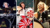 Rick Allen, Meg White and Taylor Hawkins all sat behind their drum kits