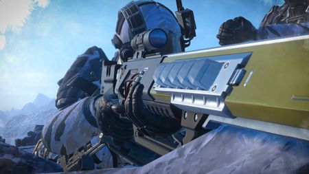 Helldivers 2 Scope of Authority warbond helldiver aiming nova energy sniper rifle in the snow