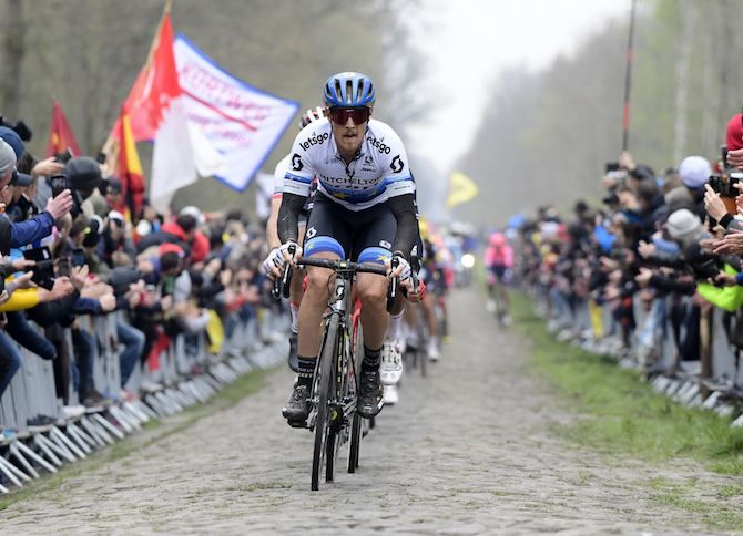 Mitchelton-Scott's Matteo Trentin negotiates the cobbles at the Trou&eacute;e d'Arenberg during the 2019 Paris-Roubaix