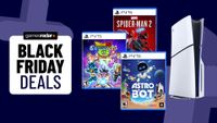 PS5 Slim with Astro Bot, Spider-Man 2, and Dragon Ball Sparking Zero games on a dark blue background with Black Friday deals badge