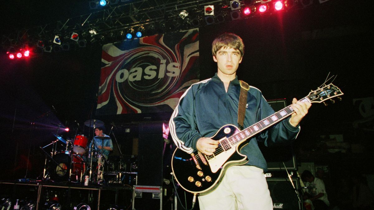 Noel Gallagher of British rock group Oasis live at the Astoria in London, 19th August 1994