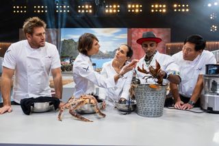 (L to R) Curtis Stone, Dominique Crenn, Gabriela Camara, Marcus Samuelsson, Ming Tsai in episode 108 of Iron Chef: Quest For An Iron Legend.