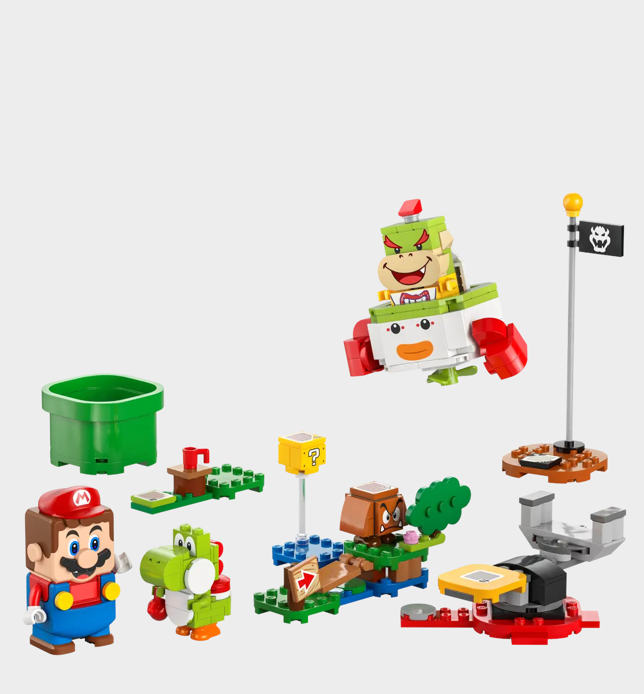 Lego Mario figure alongside friends, foes, and a course against a plain background