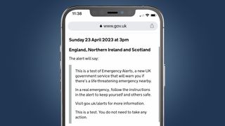 An iPhone showing the message UK phones will receive during the UK emergency alert test