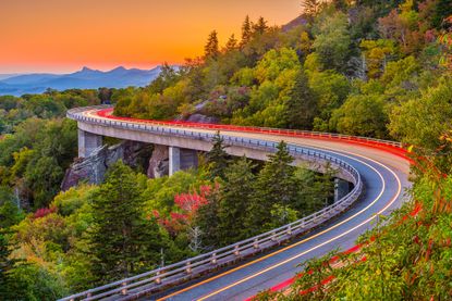a winding road around Grandfather Mountain, North Carolina, at Linn Cove Viaduct.