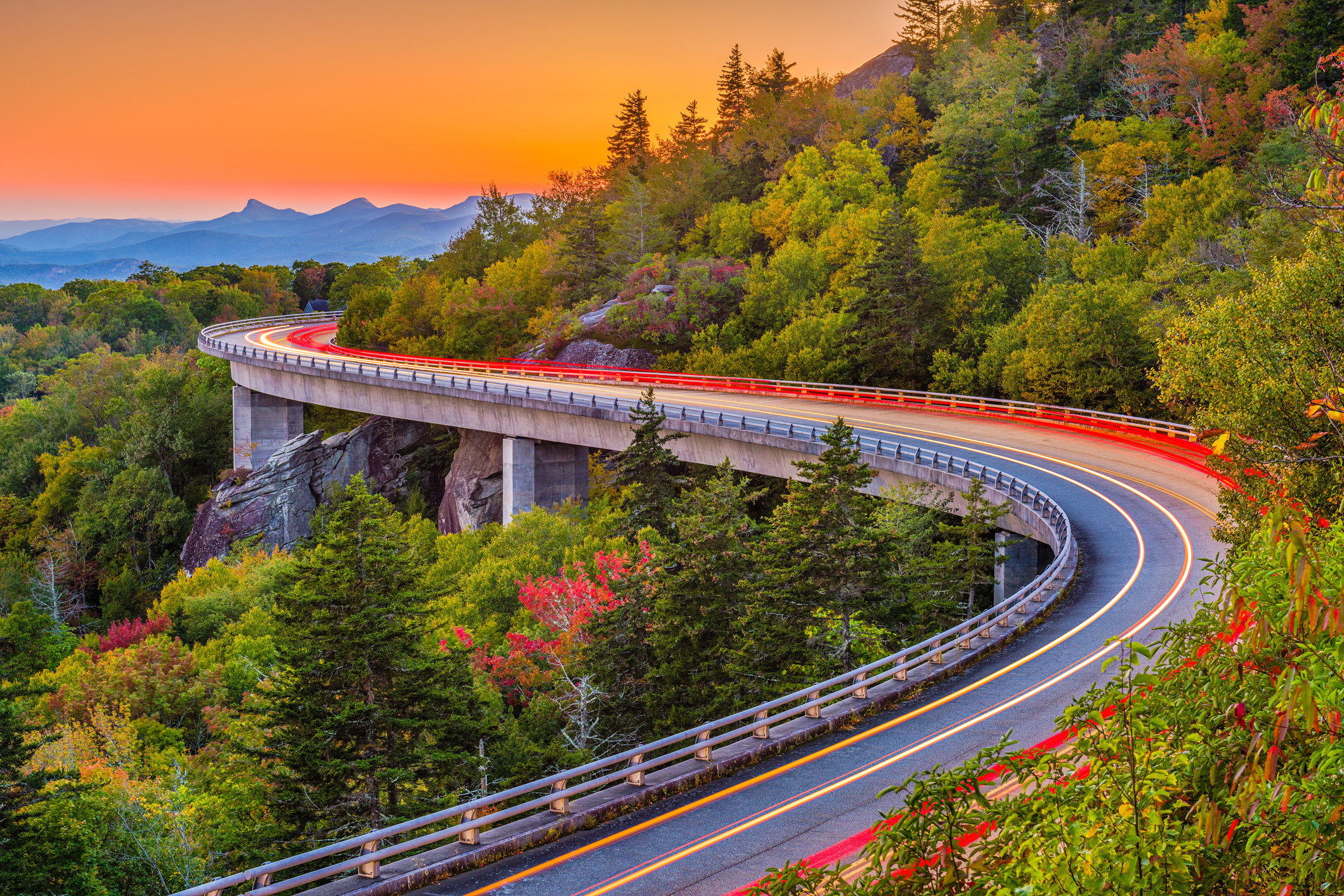 a winding road around Grandfather Mountain, North Carolina, at Linn Cove Viaduct.