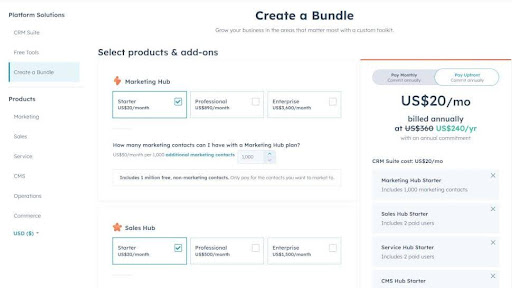 Hubspot pricing page screenshot