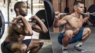 Composite of two images, one showing a man performing a front squat with a barbell and the other showing a man performing a back squat with a barbell