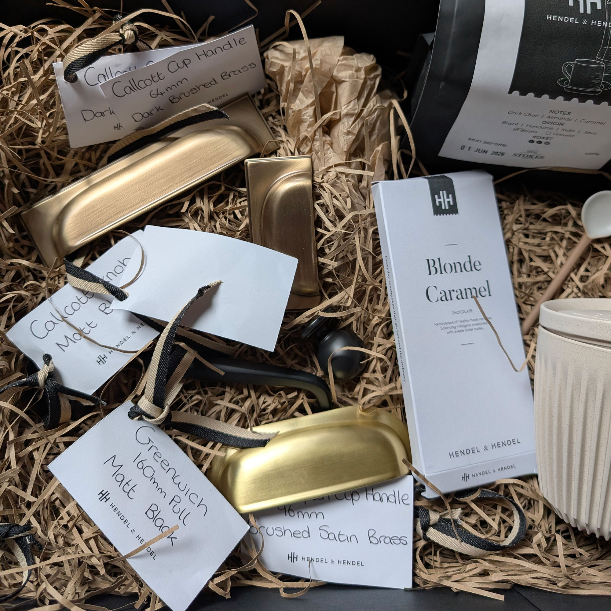 Selection of door handles with labels in basket