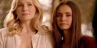 Actress Candice King plays Caroline and Nina Dobrev plays Elena Gilbert Salvatore in The Vampire Dia