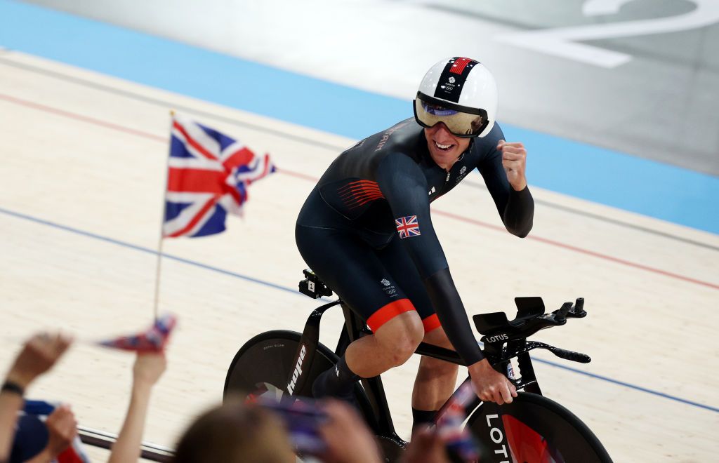 PARIS FRANCE AUGUST 06 Oliver Wood of Team Great Britain celebrates during the Mens Team Pursuit First Round on day eleven of the Olympic Games Paris 2024 at SaintQuentinenYvelines Velodrome on August 06 2024 in Paris France Photo by Jared C TiltonGetty Images