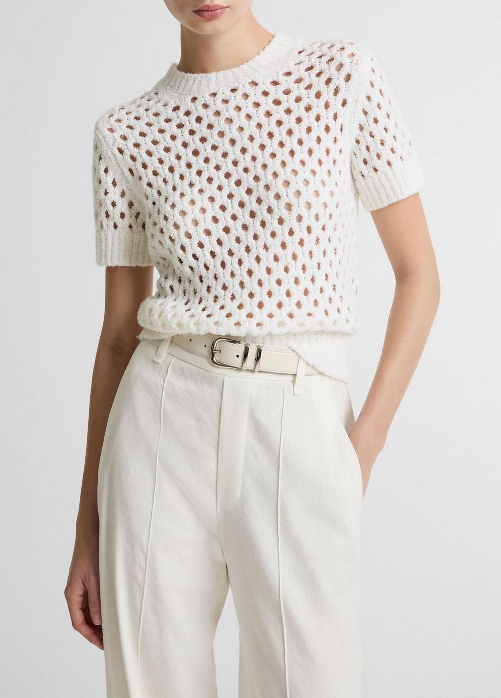 Honeycomb Italian Cotton &amp;amp; Linen-Blend Short-Sleeve Sweater