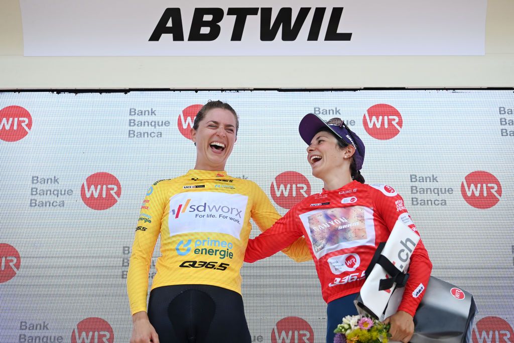 ABTWILL SWITZERLAND JUNE 18 LR Marlen Reusser of Switzerland and Team SD Worx and Elise Chabbey of Switzerland and Team CanyonSRAM Racing celebrate at podium as Yellow leader jersey and Red Mountain Jersey winners during the 3rd Tour de Suisse Women 2023 Stage 2 a 257km individual time trial from St Gallen to Abtwil UCIWWT on June 18 2023 in Abtwil Switzerland Photo by Tim de WaeleGetty Images