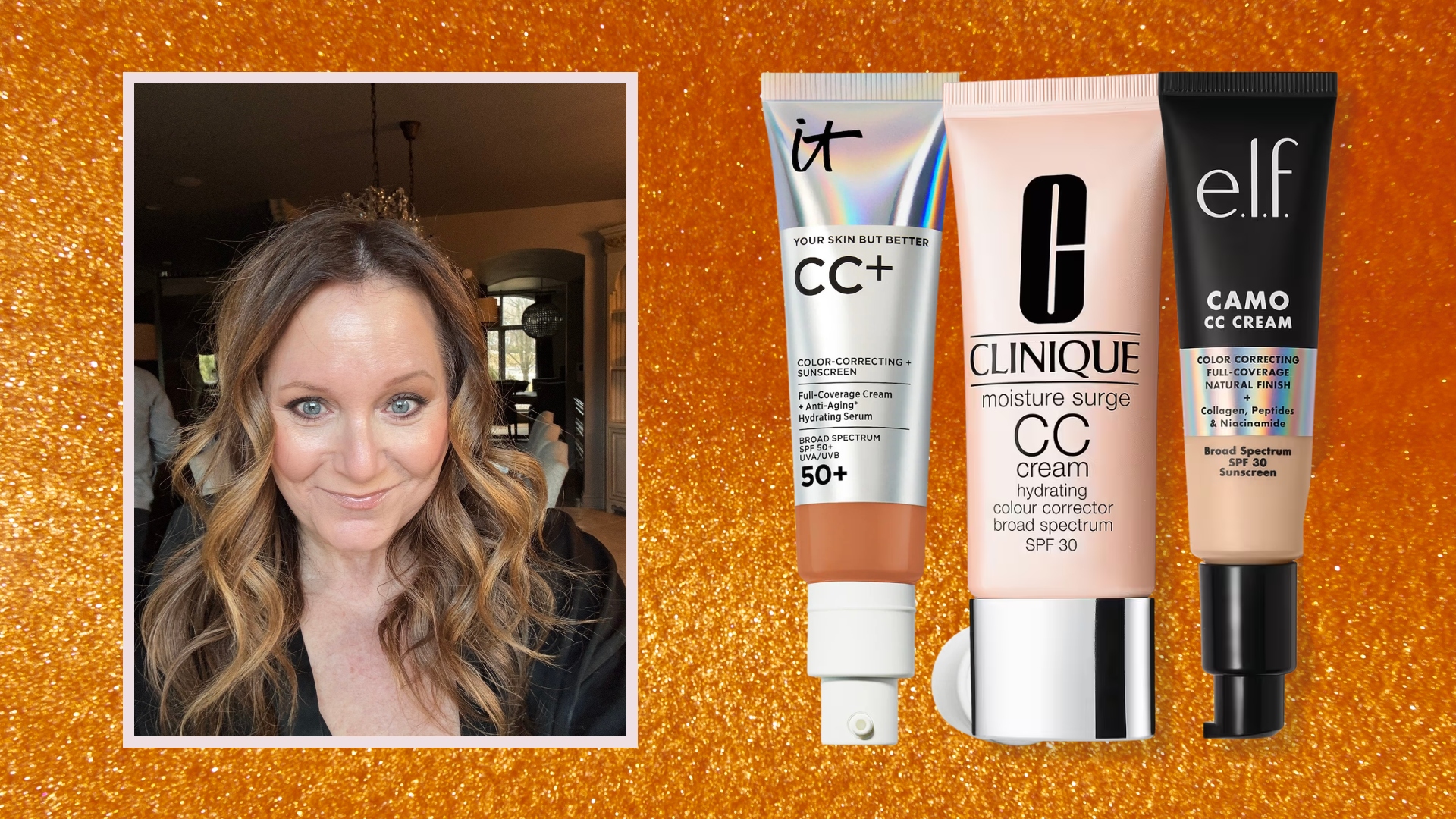 mature woman taking a selfie on a sparkly orange background with two cc creams next to her