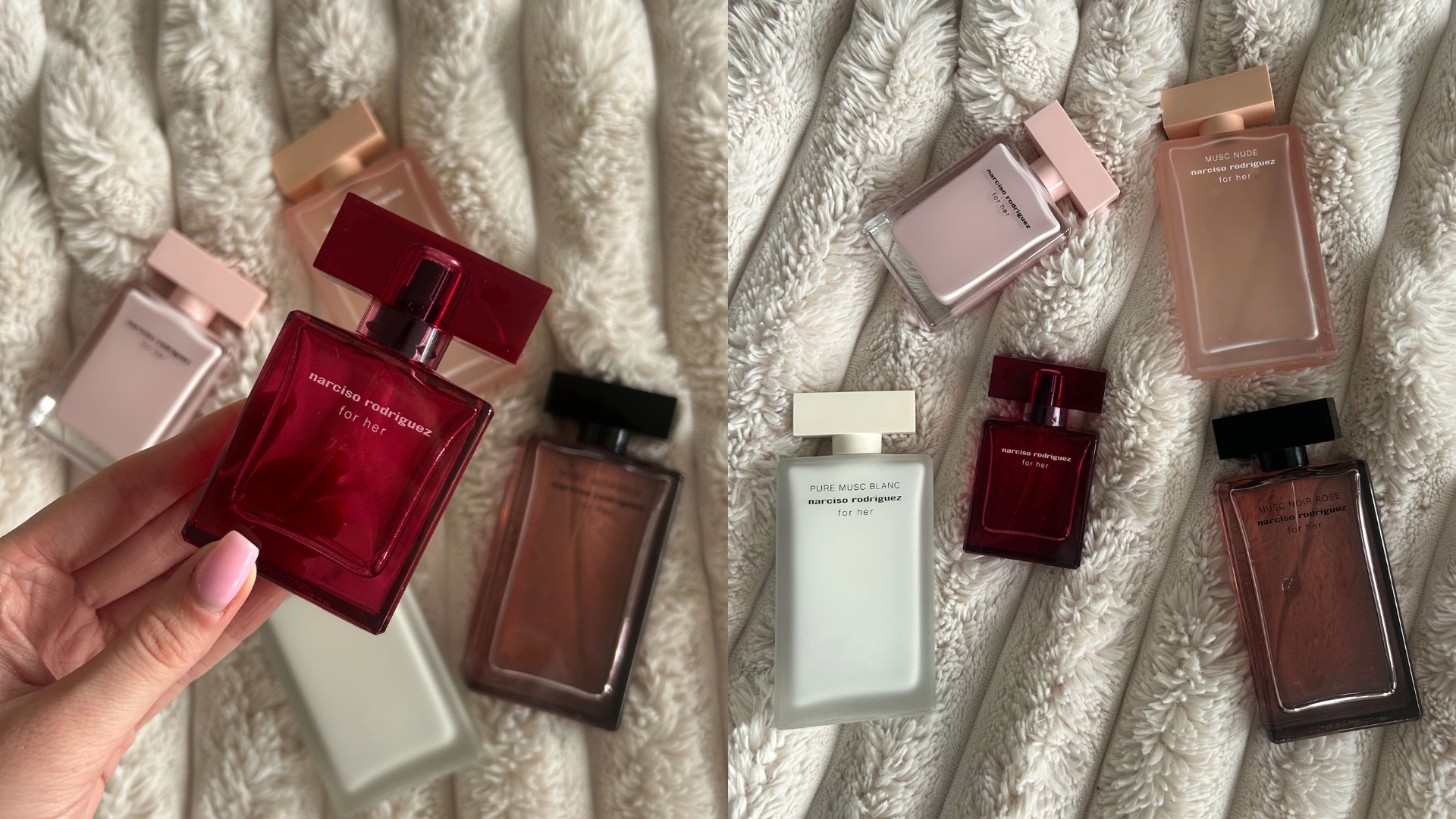 On the left, hand holding red bottle of Narciso Rodriguez For Her Intense with other Narciso Rodriguez perfumes laying behind, and on the right, a collection of five Narciso Rodriguez For Her perfumes on a fluffy cream background