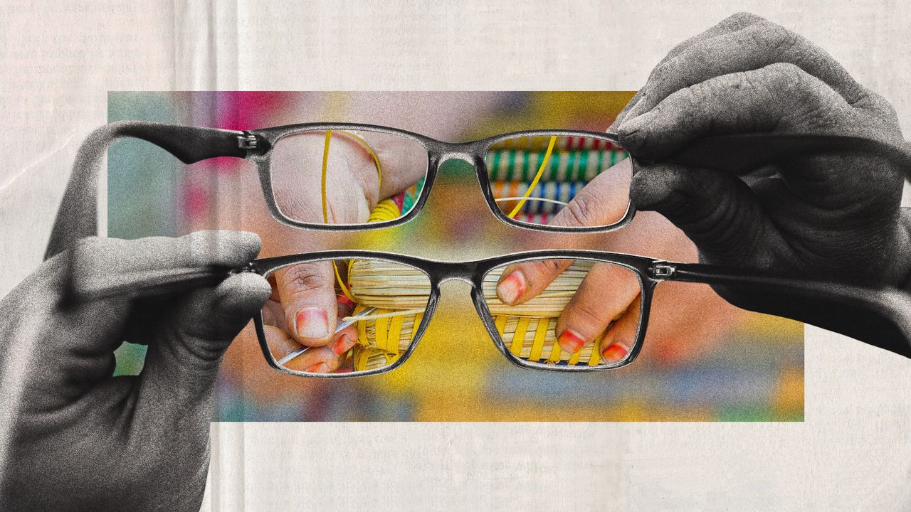 Photo collage of hands holding two pairs of glasses in front of the viewer over a blurred background. Through the lenses, fragments of the background photo are visible, revealing a woman&#039;s hands weaving a colourful basket.