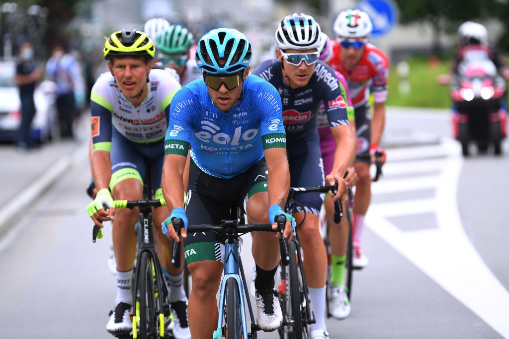 VALLE SPLUGA ALPE MOTTA ITALY MAY 29 Vincenzo Albanese of Italy and EOLOKOMETA Cycling Team in breakaway during the 104th Giro dItalia 2021 Stage 20 a 164km stage from Verbania to Valle Spluga Alpe Motta 1727m Switzerland CHE UCIworldtour girodiitalia Giro on May 29 2021 in Valle Spluga Alpe Motta Italy Photo by Tim de WaeleGetty Images
