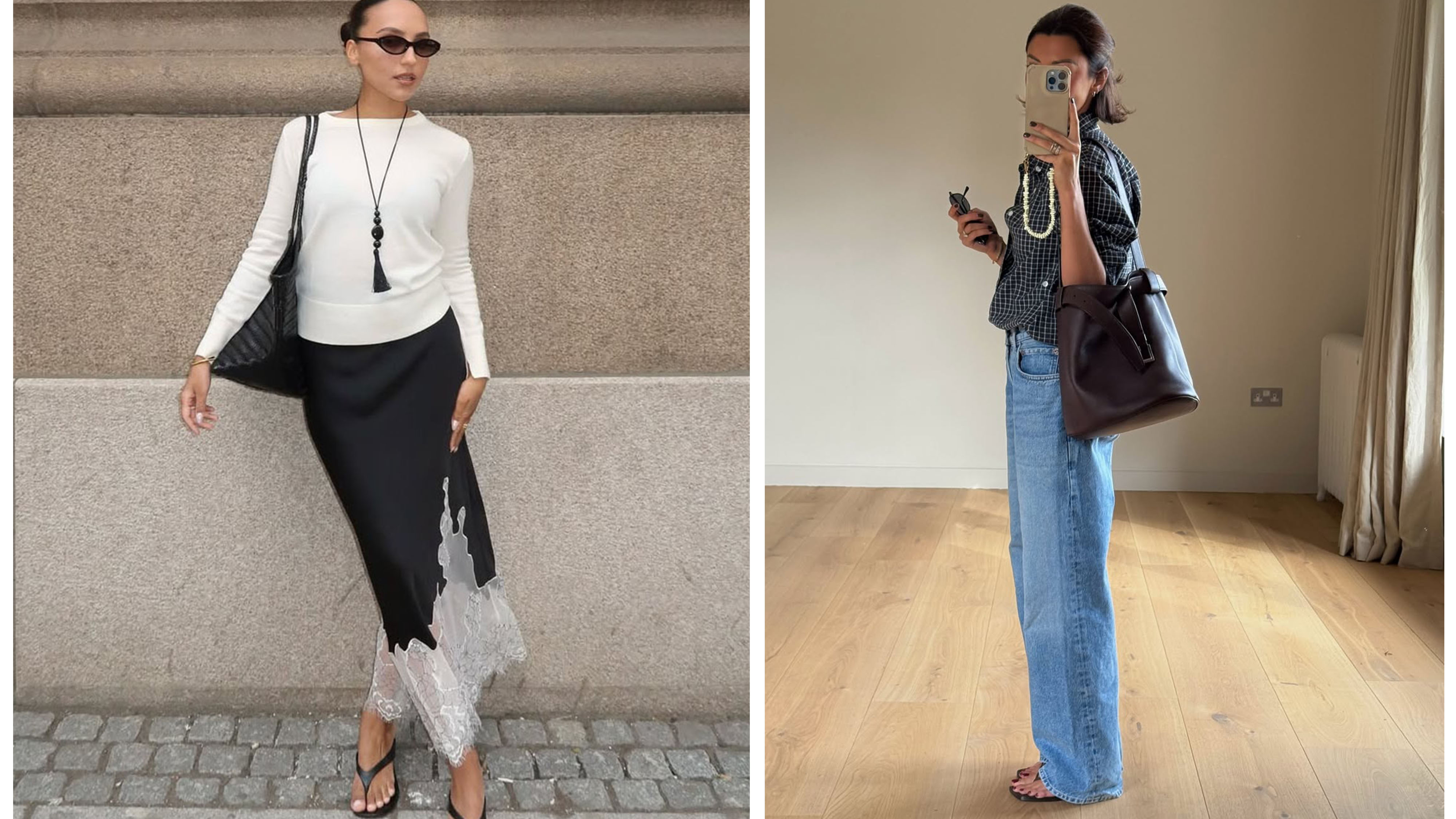 woman in sweater and silk slip skirt; woman in jeans and a button-down