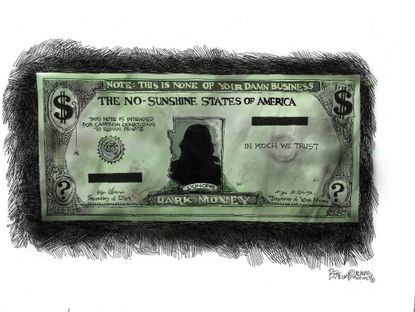 Political cartoon U.S. Dark money elections Koch brothers