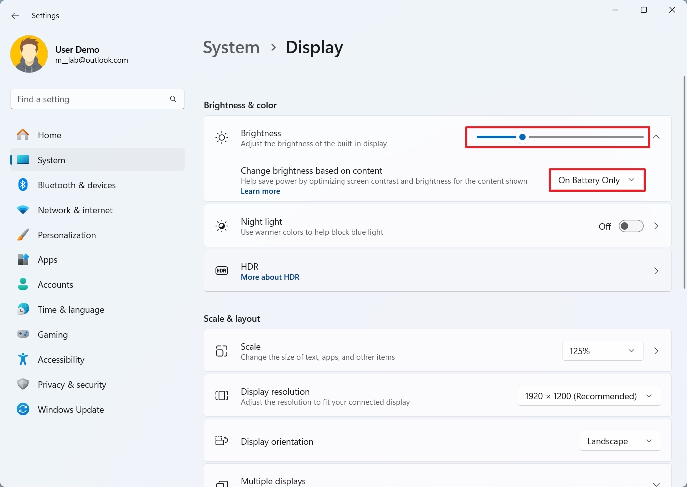 Display settings lower brightness