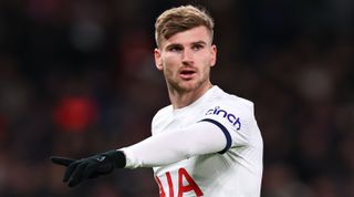MANCHESTER, ENGLAND - JANUARY 14: Timo Werner of Tottenham Hotspur during the Premier League match between Manchester United and Tottenham Hotspur at Old Trafford on January 14, 2024 in Manchester, England. (Photo by Robbie Jay Barratt - AMA/Getty Images)