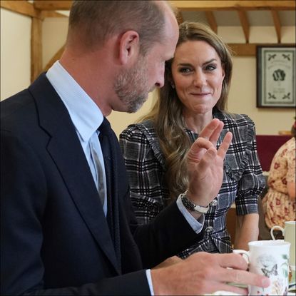 Kate Middleton wears a plaid dress and tries to contain her laughter while Prince William says something funny
