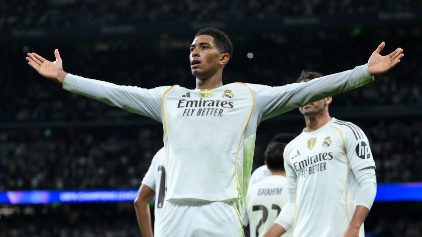 MADRID, SPAIN - OCTOBER 22: Jude Bellingham of Real Madrid celebrates scoring his team's first goal during the UEFA Champions League 2025/26 League Phase MD3 match between Real Madrid C.F. and Juventus at Estadio Santiago Bernabeu on October 22, 2025 in Madrid, Spain.
