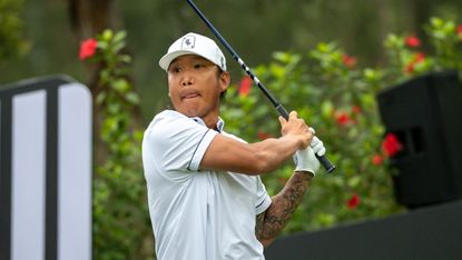Anthony Kim hits driver during 2024 LIV Golf Hong Kong