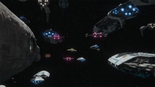 Still from the Star Wars T.V. series Ahsoka, season 1, episode 4. The Ghost leaves the New Republic fleet.