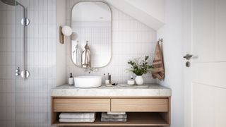 a white minimalistic bathroom with sink and shower