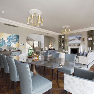 white dining room with table and sofa set