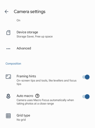 Google Pixel 7 Pro Screenshot showing camera settings