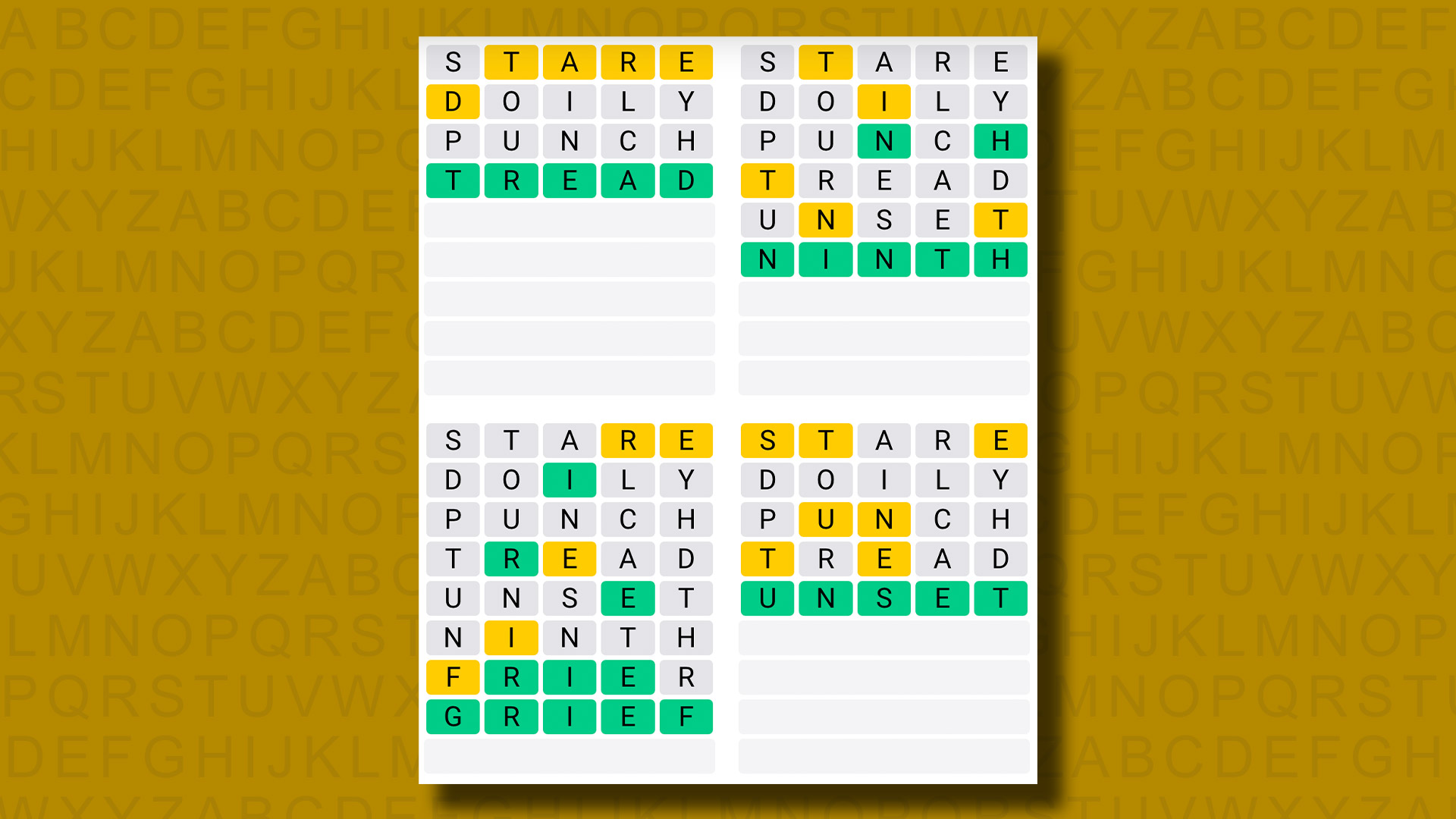 Quordle answers for game 1001 on a yellow background