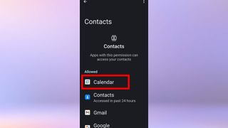 A screenshot of the Settings app on an android phone. The "Calendar" option is highlighted.