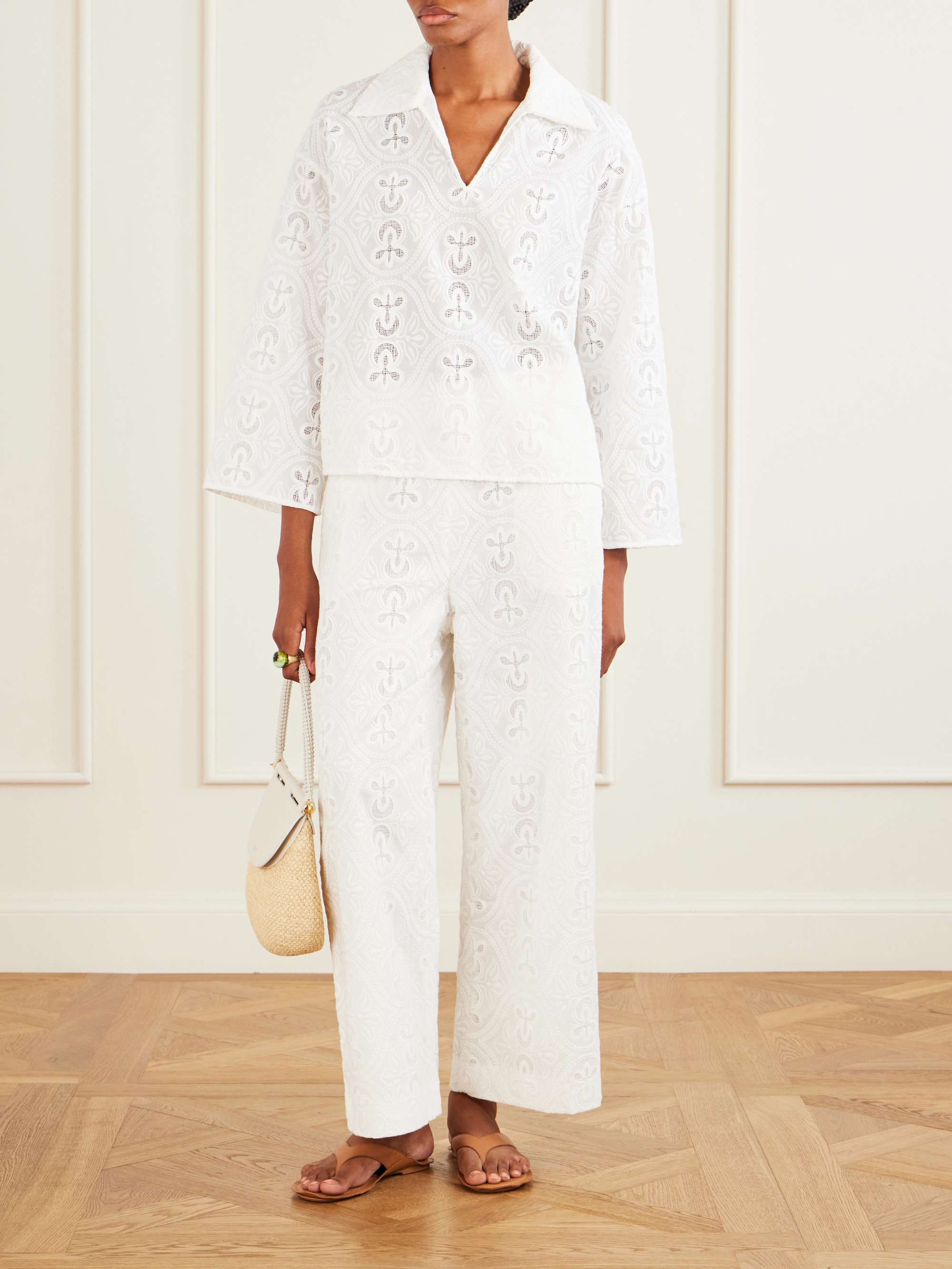 Leighton Floral-Embroidered Cotton-Blend Blouse
