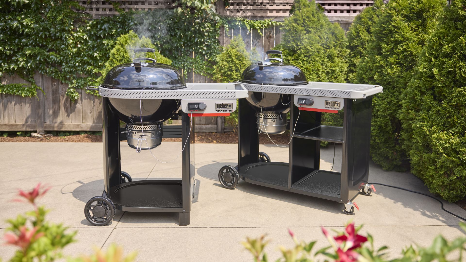 Weber Performer Smart Charcoal Grill in backyard