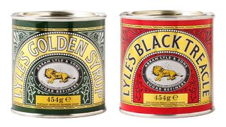 Lyle's Golden Syrup and Lyles Black Treacle tins showing the lion logo
