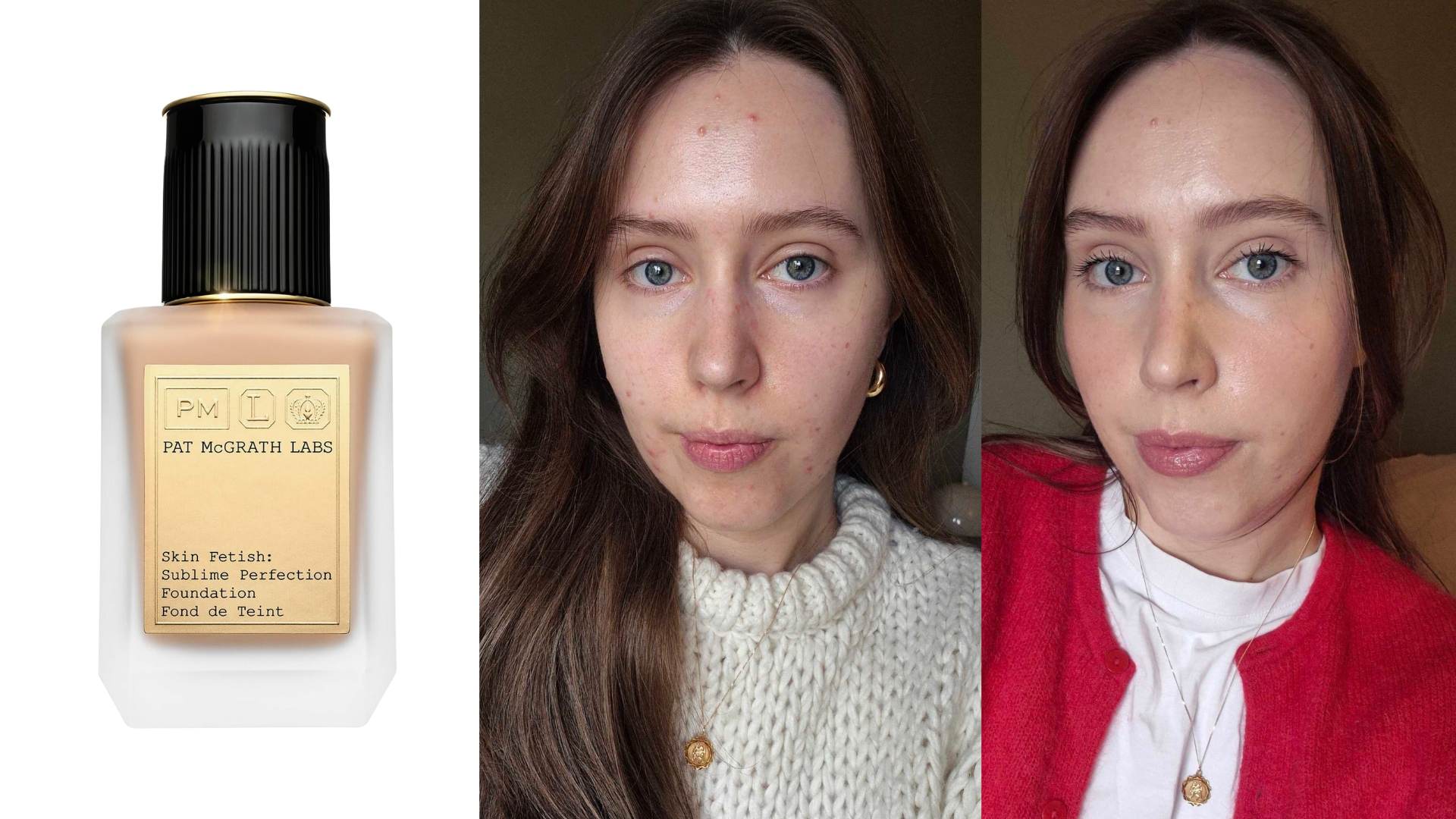 On the left is a product shot of the Pat McGrath Labs Skin Fetish Sublime Perfection foundation, pictured on a white background, followed by two pictures of Digital Beauty Writer, Naomi Jamieson. The first picture sees her without makeup, and the second shows her wearing the Pat McGrath Labs foundation with a full face of makeup. 