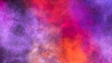 Defocused and blurred abstract illustration of a cosmic scene. Water color effect and noise texture. Purple, red and orange colors blended.