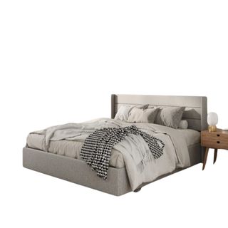 A grey storage bed with a nightstand next to it